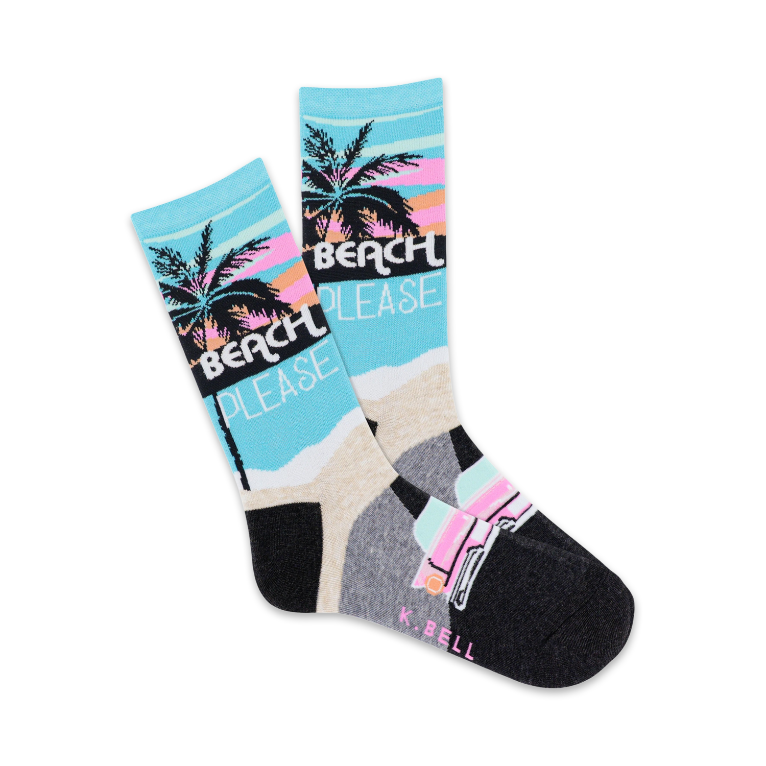 Pair of crew socks with a beach theme. Light blue, pink, and black colors. Design includes palm trees, 'Beach Please' text, and a vintage car graphic.