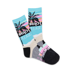  fun "beach please" women's crew socks with pink palm trees and car on blue background, black toes.  