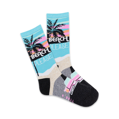  fun "beach please" women's crew socks with pink palm trees and car on blue background, black toes.  