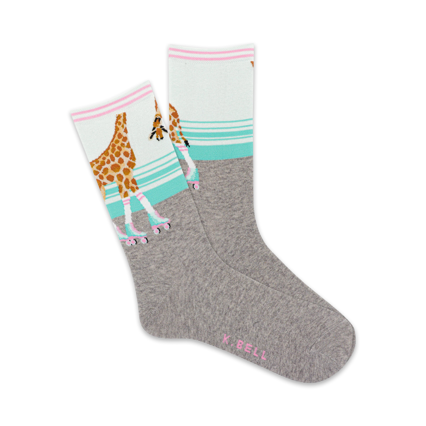 Grey crew socks with a whimsical design. A giraffe in roller skates is featured against a teal and white background. Pink accents add a touch of sweetness.