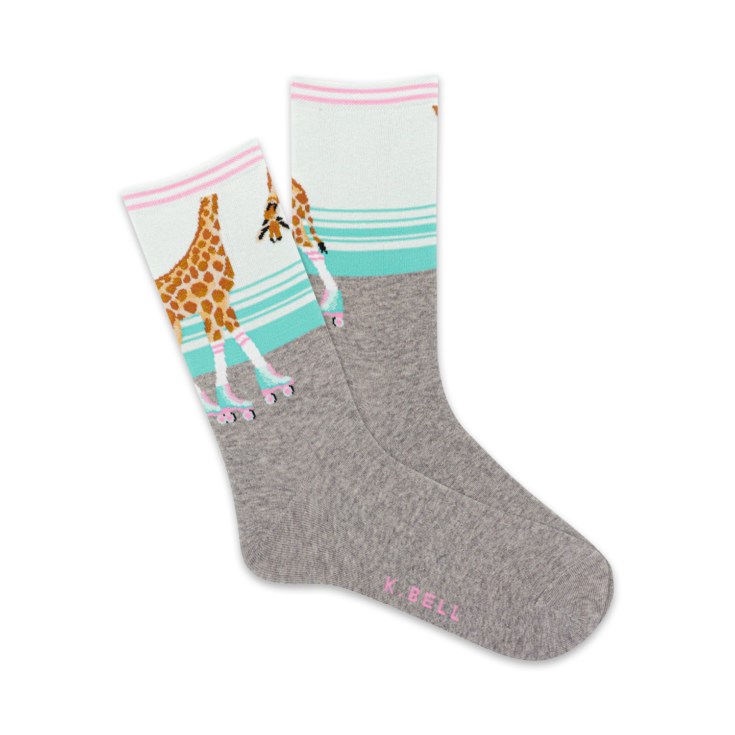 Grey crew socks with a whimsical design. A giraffe in roller skates is featured against a teal and white background. Pink accents add a touch of sweetness.