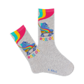 Grey crew socks with colorful retro roller skates and stripes.  Features teal, yellow, and pink accents.  'Roll On' is written on the socks.
