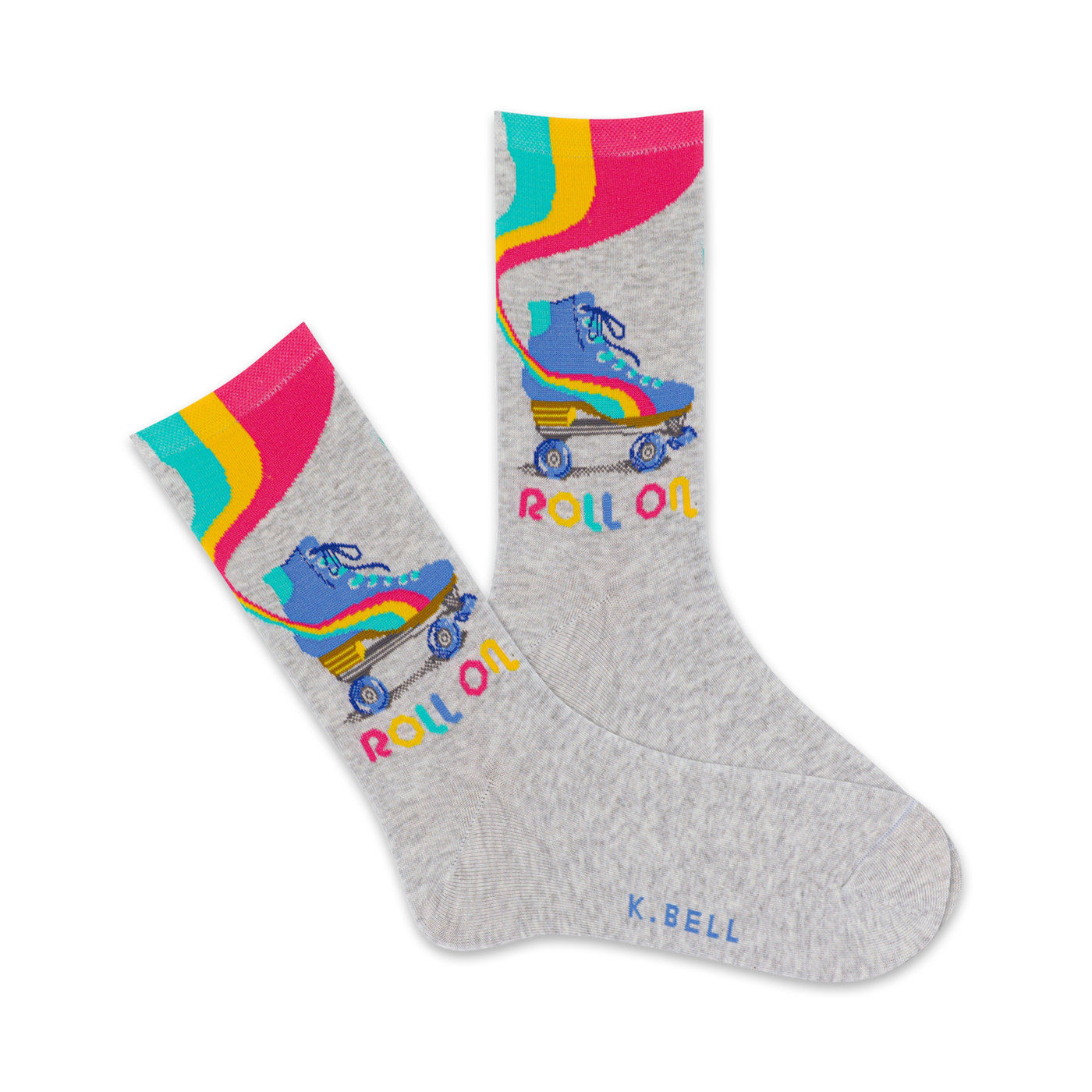 Grey crew socks with colorful retro roller skates and stripes.  Features teal, yellow, and pink accents.  'Roll On' is written on the socks.