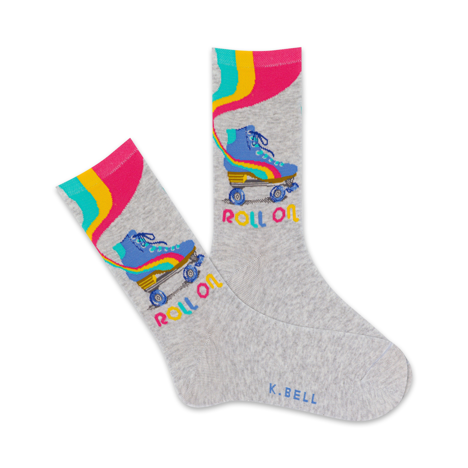 Grey crew socks with colorful retro roller skates and stripes.  Features teal, yellow, and pink accents.  'Roll On' is written on the socks.