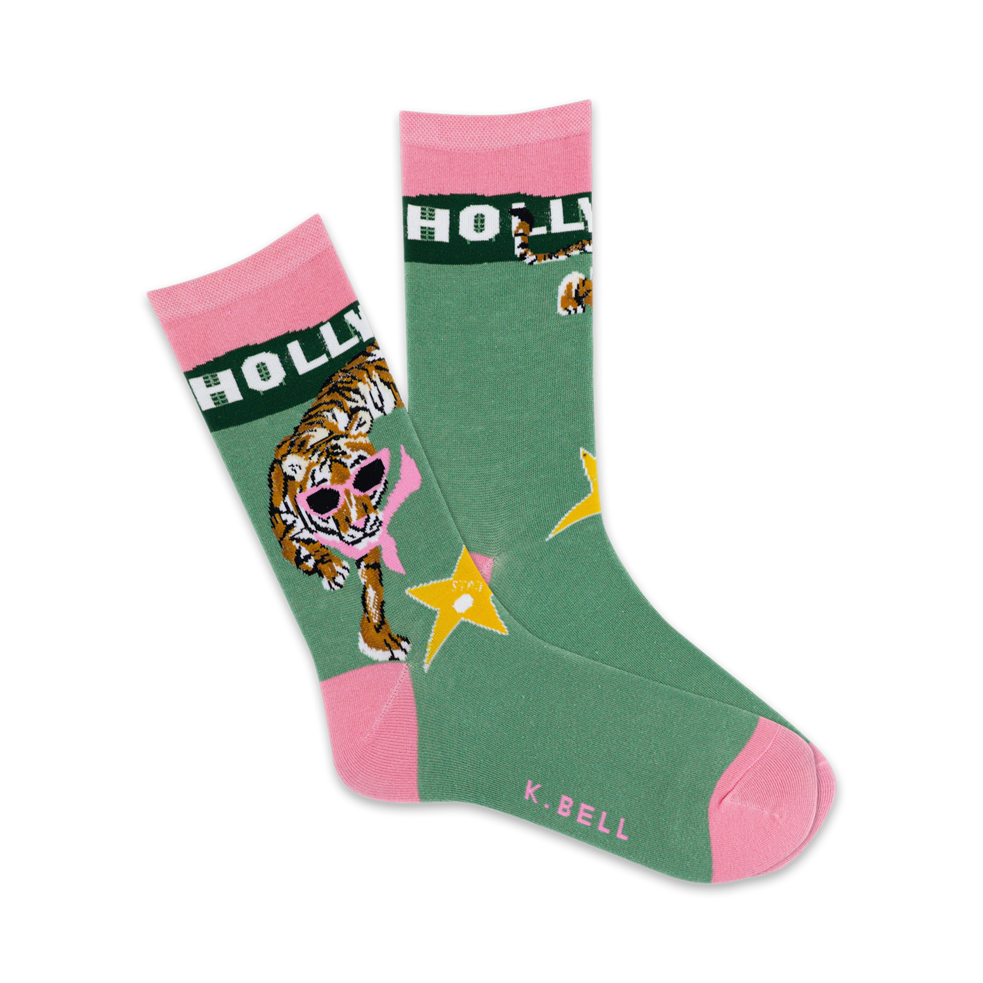 Crew socks in green and pink featuring a tiger wearing sunglasses, the word 'HOLLYWOOD', and a star. 