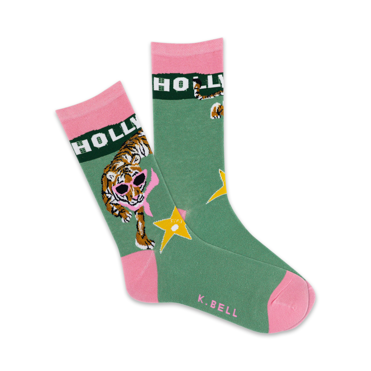 Crew socks in green and pink featuring a tiger wearing sunglasses, the word 'HOLLYWOOD', and a star. 