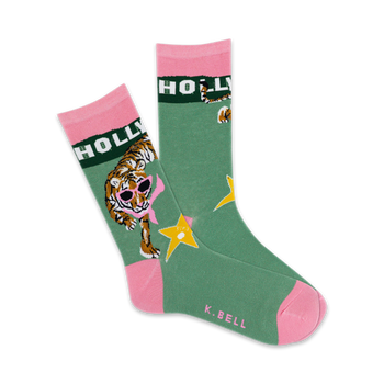 green & pink crew socks with hollywood theme feature stars & a sunglass-wearing tiger.  