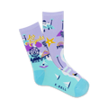 Pair of crew socks showcasing a Los Angeles map design.  Lavender and teal colors highlight landmarks like the Hollywood sign and Ferris wheel.