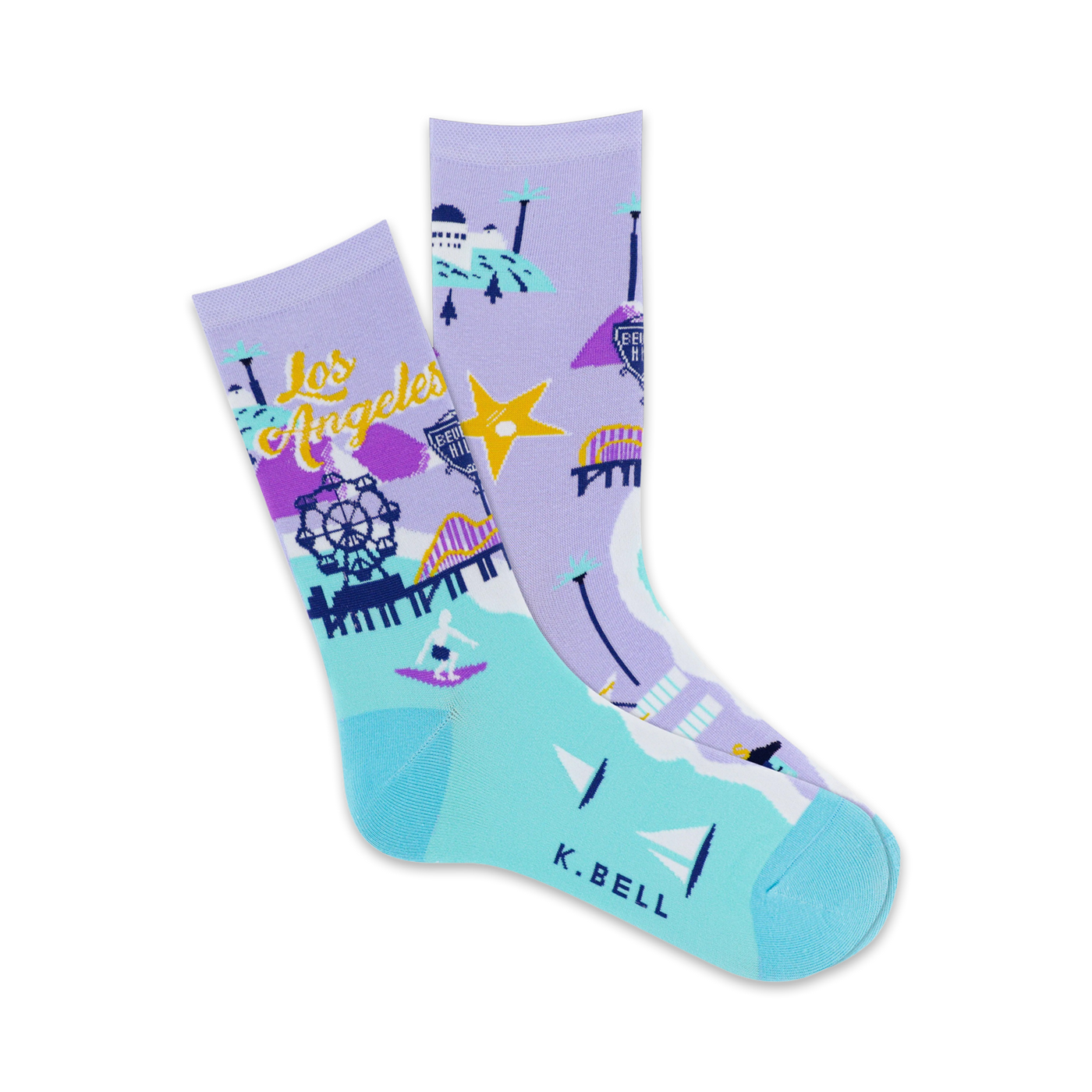 Pair of crew socks showcasing a Los Angeles map design.  Lavender and teal colors highlight landmarks like the Hollywood sign and Ferris wheel.