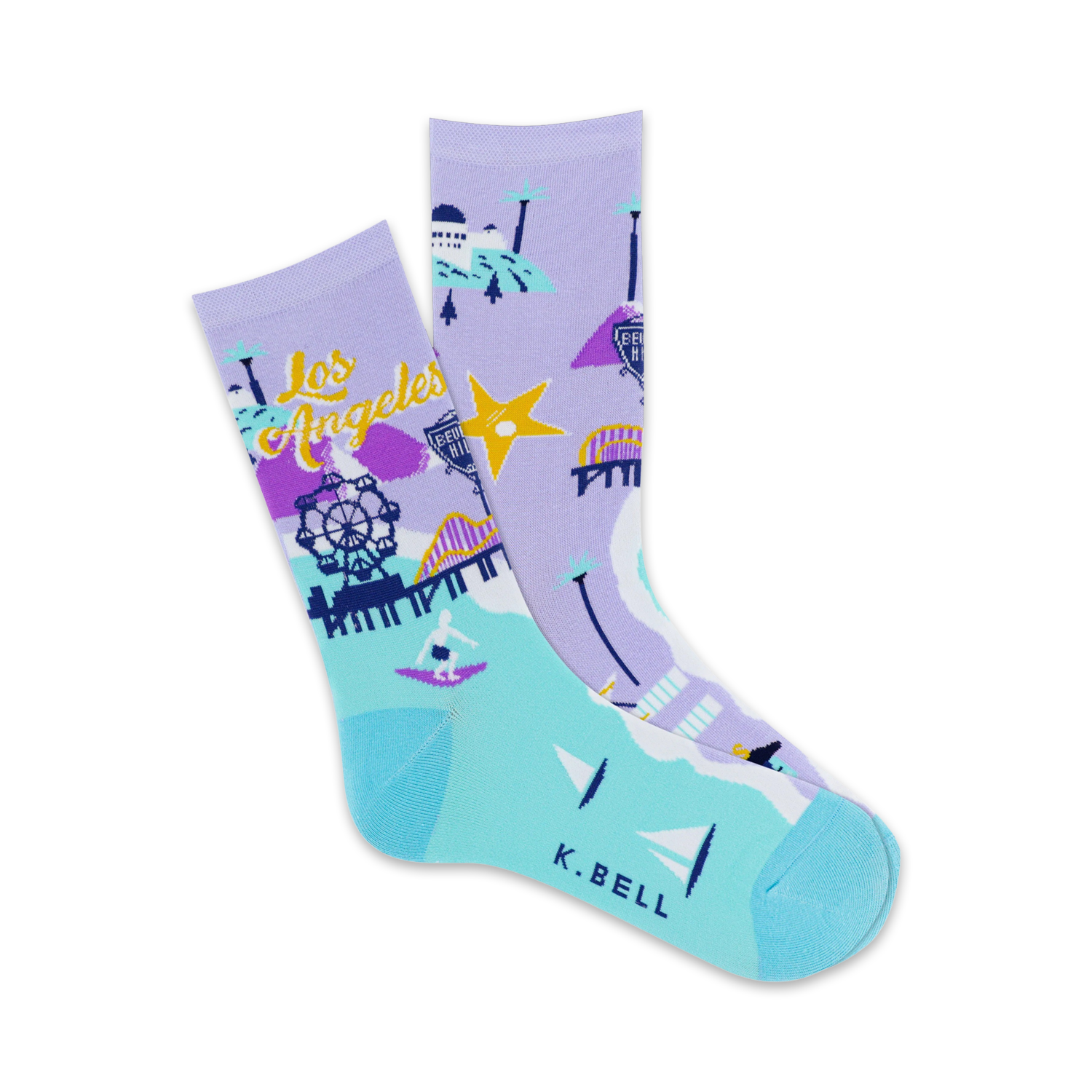 Pair of crew socks showcasing a Los Angeles map design.  Lavender and teal colors highlight landmarks like the Hollywood sign and Ferris wheel.