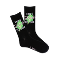 Pair of black crew socks with 'Don't Kale My Vibe' written in pink and green with a kale graphic.
