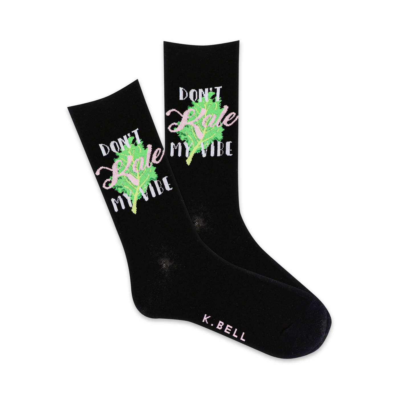 Pair of black crew socks with 'Don't Kale My Vibe' written in pink and green with a kale graphic.