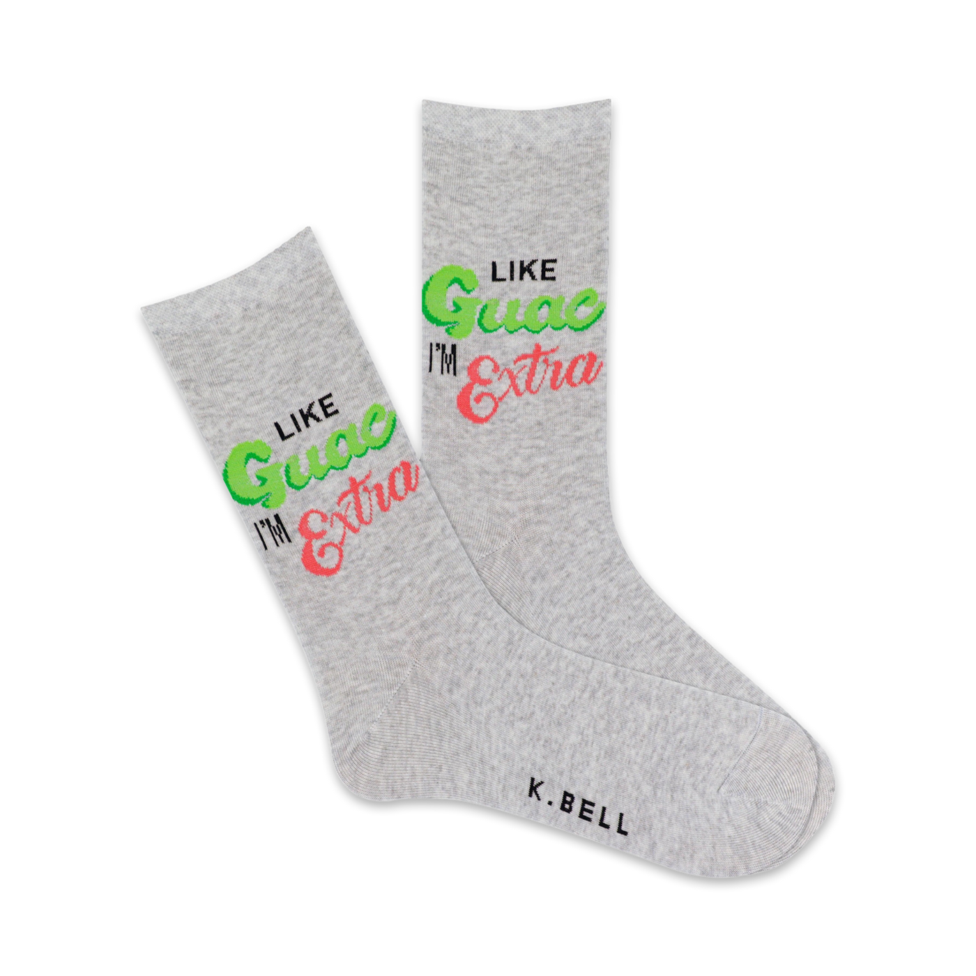 Pair of grey crew socks with the phrase 'Like Guac I'm Extra' in lime green and pink lettering. Fun and vibrant design.