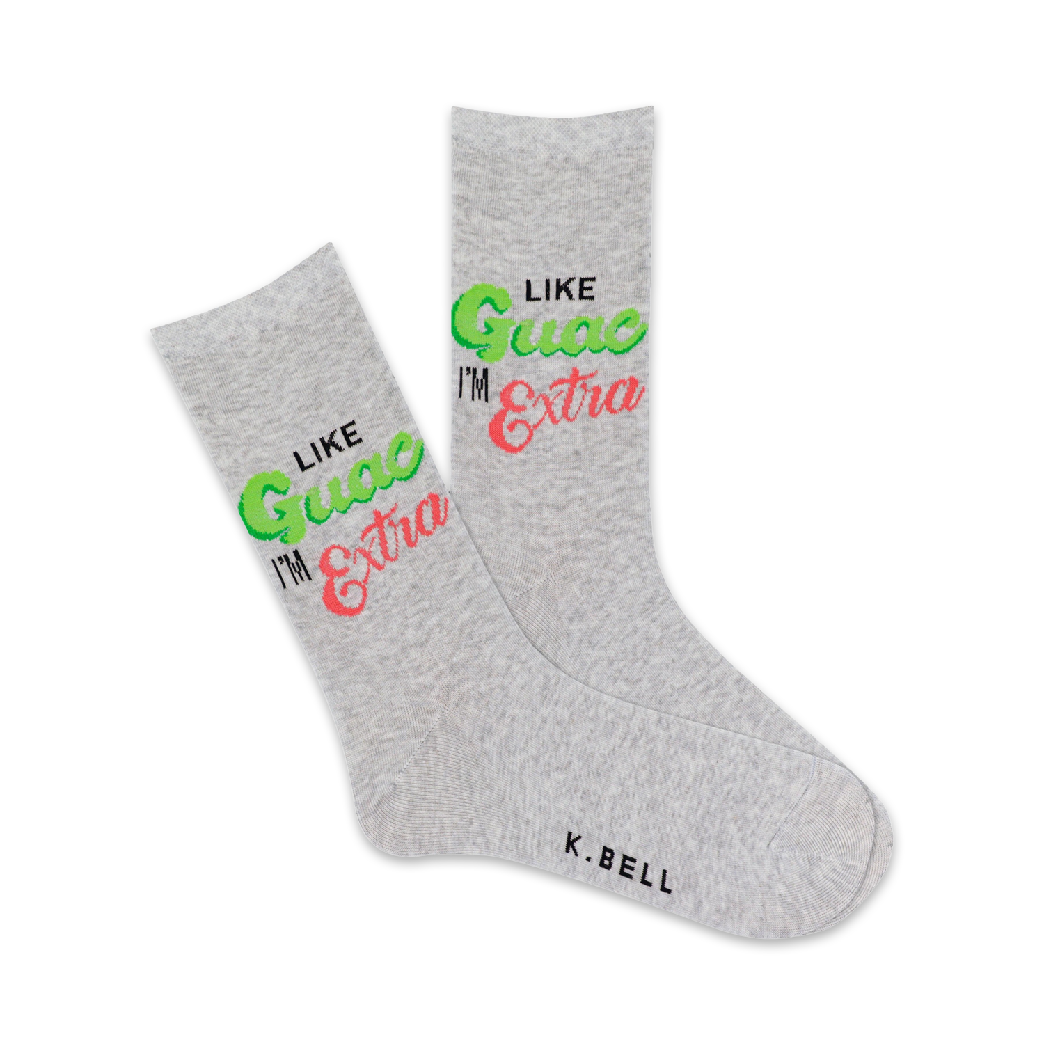 Pair of grey crew socks with the phrase 'Like Guac I'm Extra' in lime green and pink lettering. Fun and vibrant design.