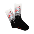 Pair of black crew socks with a retro milkshake design in light gray and red. The text 'Milkshake' is featured on the socks.