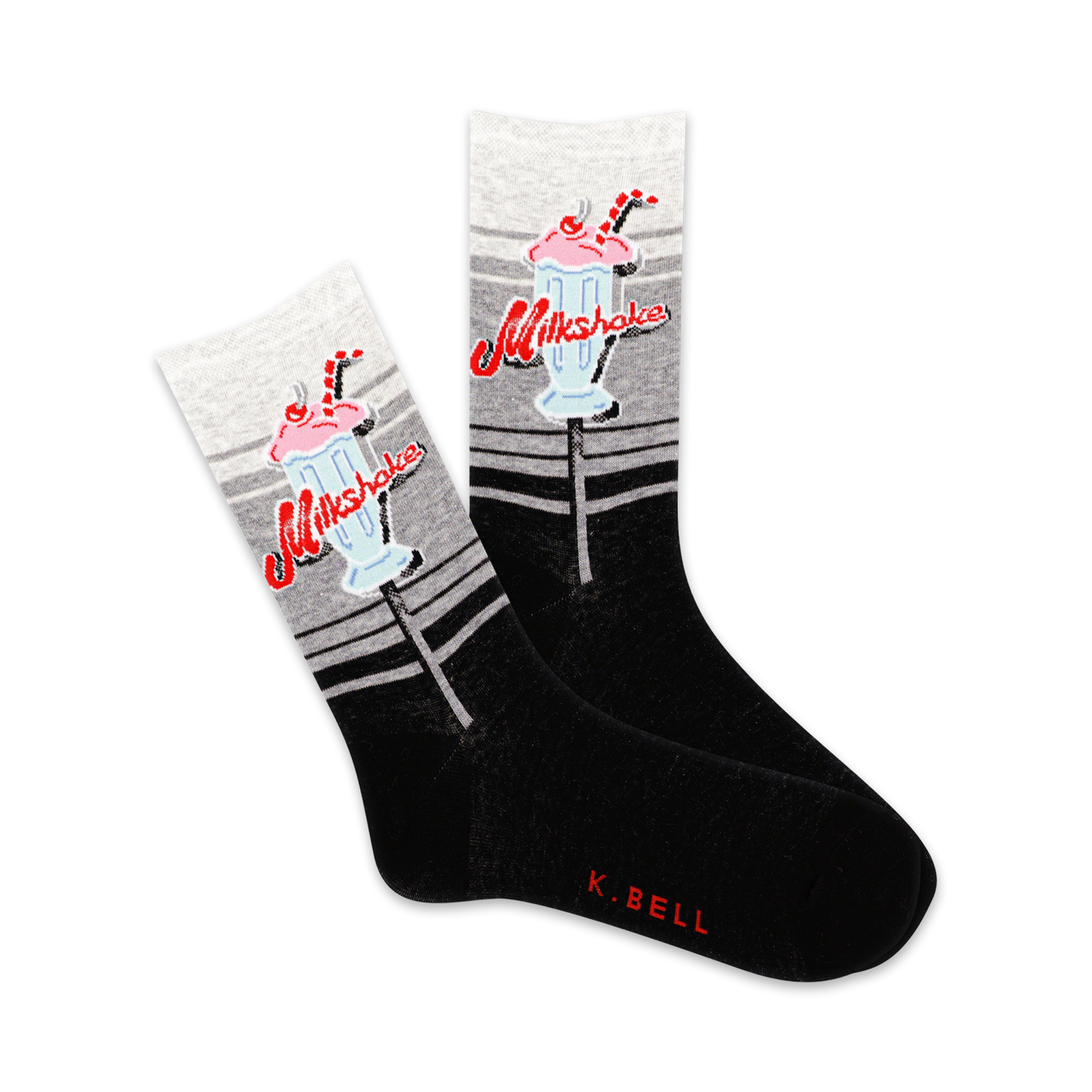Pair of black crew socks with a retro milkshake design in light gray and red. The text 'Milkshake' is featured on the socks.
