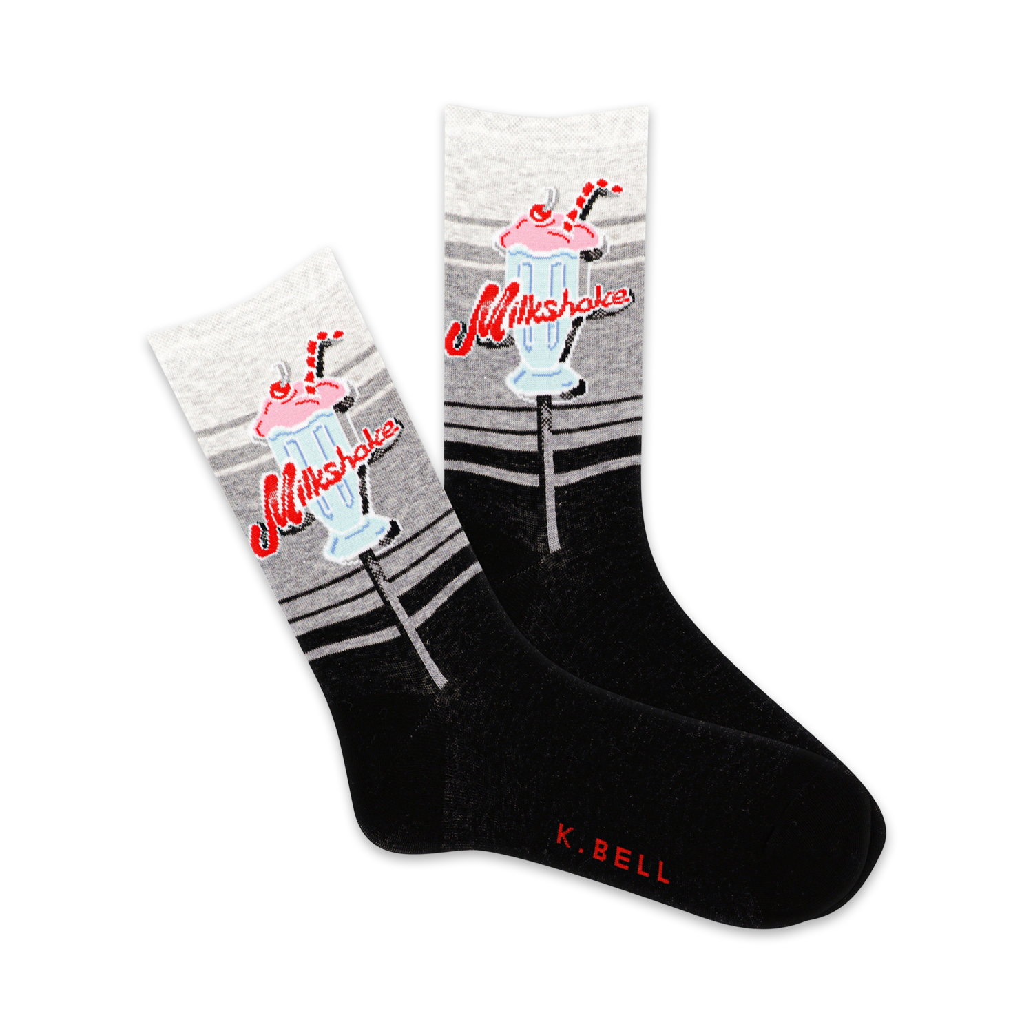 Pair of black crew socks with a retro milkshake design in light gray and red. The text 'Milkshake' is featured on the socks.