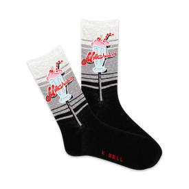 women's black crew socks with a gray band and a pattern of pink and red milkshakes on a white background.  