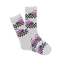 Grey crew socks with a fun design.  Pink cars and black and white checkered flags are featured on a light grey background.