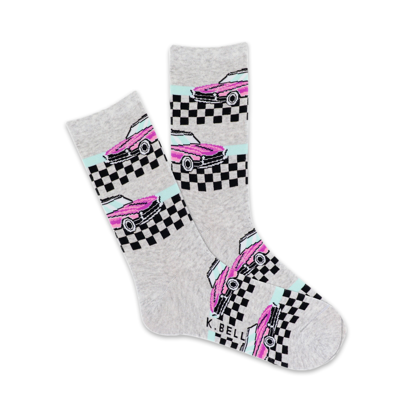 Grey crew socks with a fun design.  Pink cars and black and white checkered flags are featured on a light grey background.