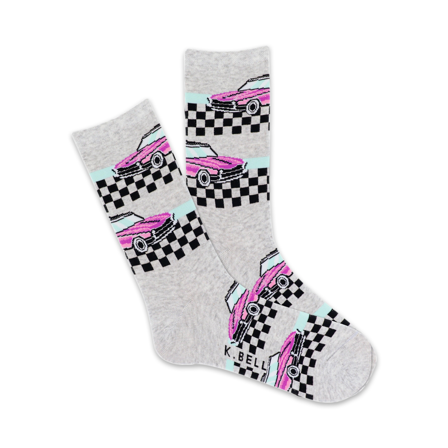 Grey crew socks with a fun design.  Pink cars and black and white checkered flags are featured on a light grey background.