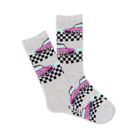 gray crew socks with pink convertible car pattern and checkered flag background.  