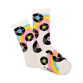 Cream crew socks with black vinyl record and rainbow stripe design.  Perfect for music lovers!