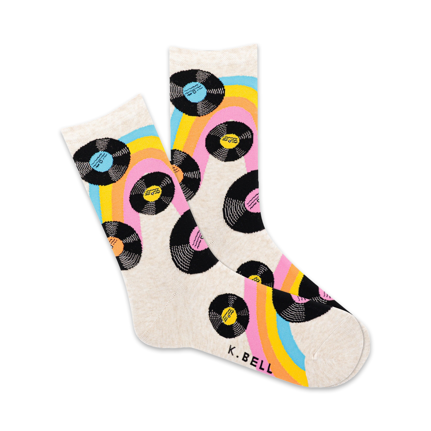 Cream crew socks with black vinyl record and rainbow stripe design.  Perfect for music lovers!