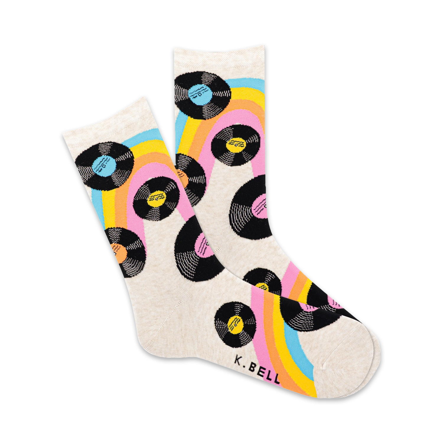 Cream crew socks with black vinyl record and rainbow stripe design.  Perfect for music lovers!