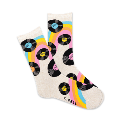 womens crew socks feature a colorful rainbow pattern of black vinyl records. rock your favorite tunes and embrace the fun!   