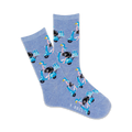 Pair of light blue crew socks with a repeating pattern of ostriches riding light blue Vespas carrying pastel pink bags.