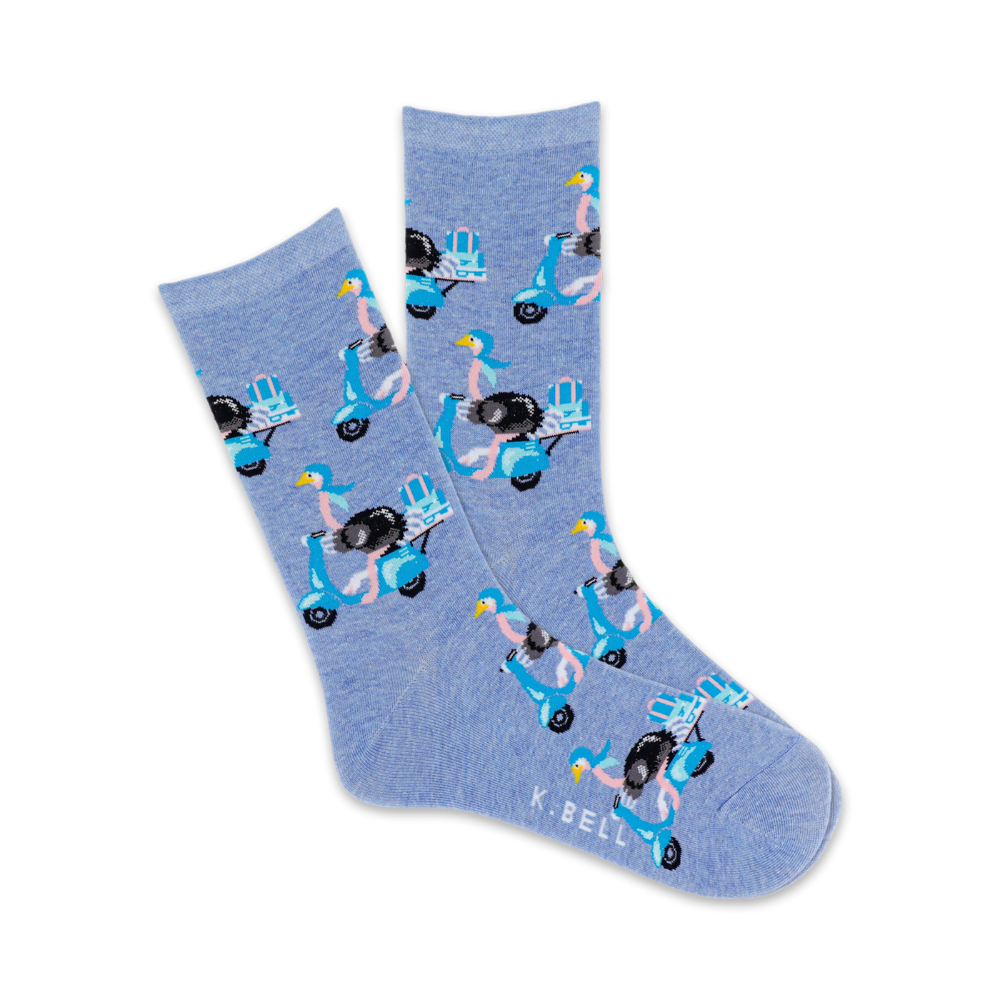 Pair of light blue crew socks with a repeating pattern of ostriches riding light blue Vespas carrying pastel pink bags.