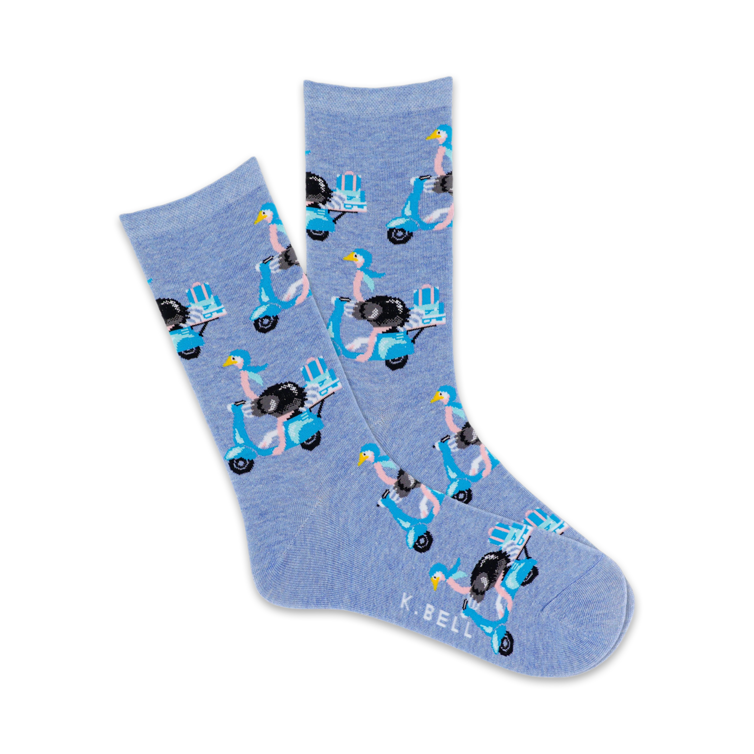Pair of light blue crew socks with a repeating pattern of ostriches riding light blue Vespas carrying pastel pink bags.