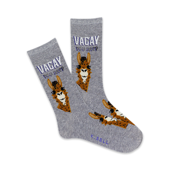  gray crew socks with brown llamas and the phrase 'vacay you say?' for women.   