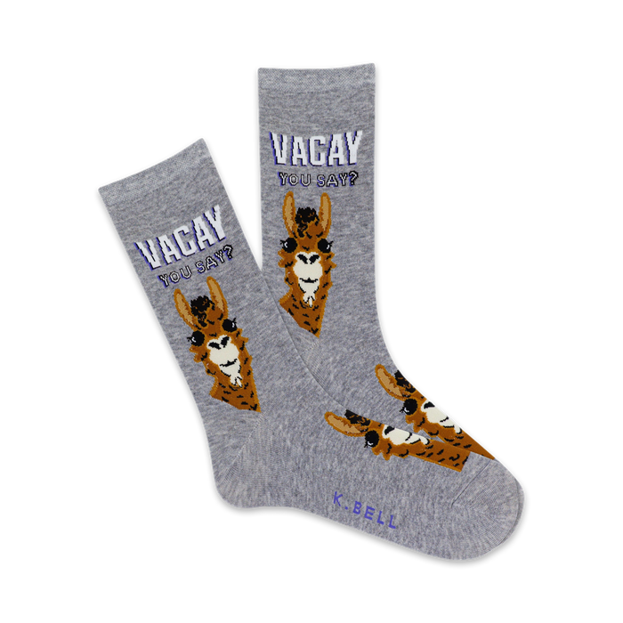  gray crew socks with brown llamas and the phrase 'vacay you say?' for women.    }}