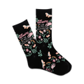 A pair of black crew socks with pink and green floral and butterfly designs and the text 'Brains are the New Beauty'.
