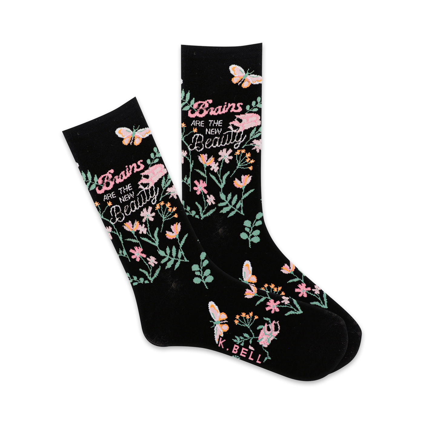 A pair of black crew socks with pink and green floral and butterfly designs and the text 'Brains are the New Beauty'.