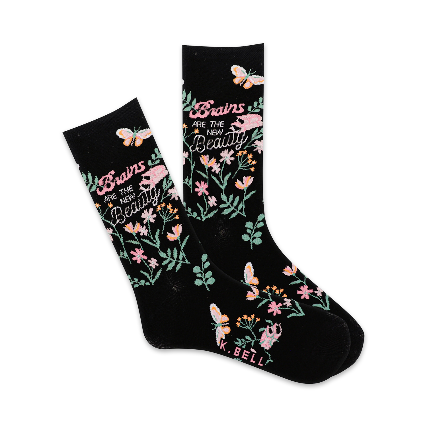 A pair of black crew socks with pink and green floral and butterfly designs and the text 'Brains are the New Beauty'.