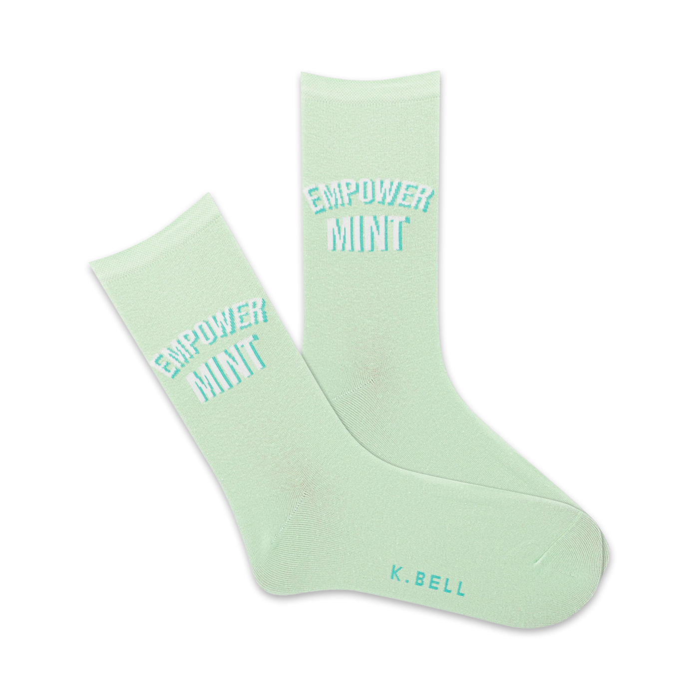 Pair of light green crew socks with a teal 'Empowermint' logo.  A subtle, stylish design for everyday wear.