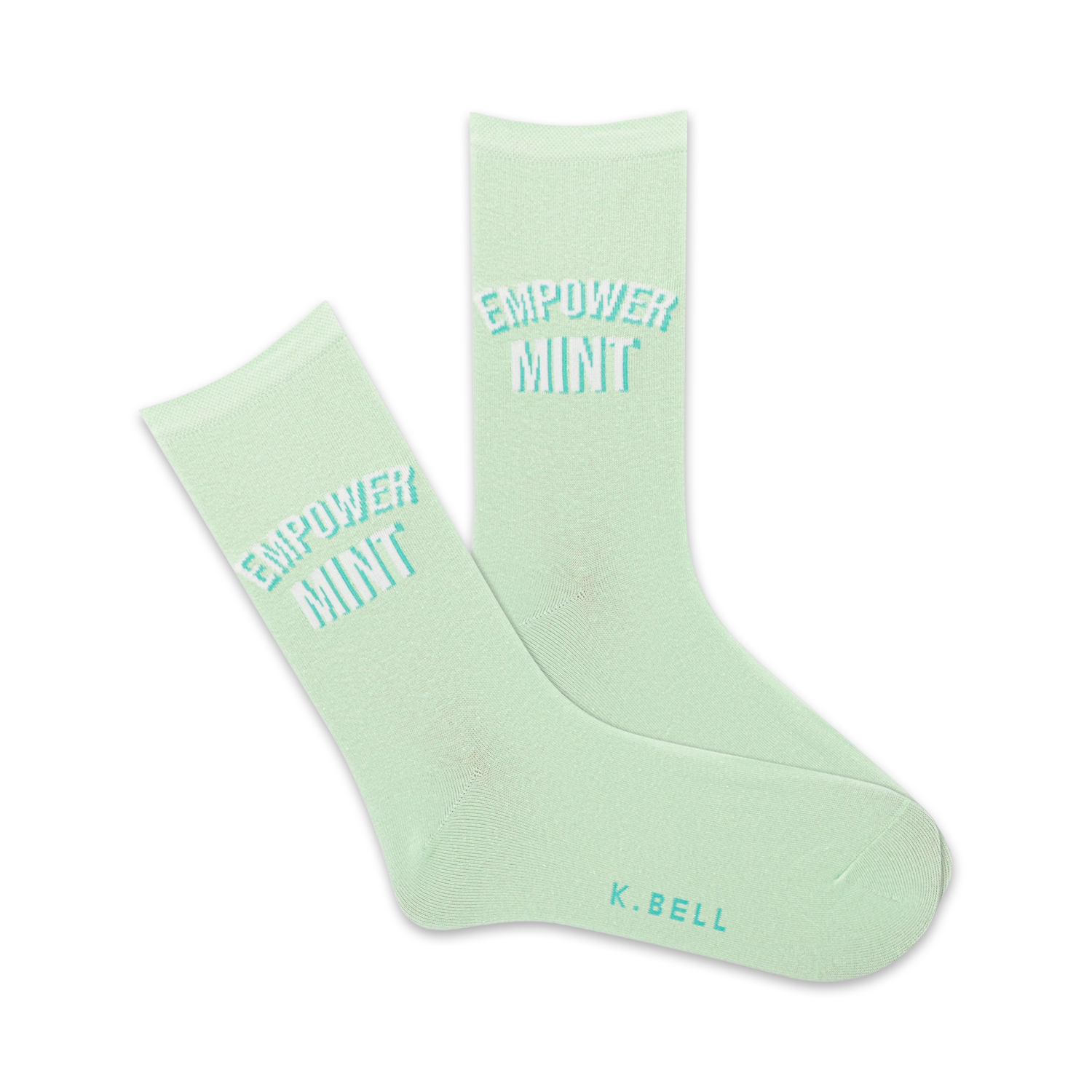 Pair of light green crew socks with a teal 'Empowermint' logo.  A subtle, stylish design for everyday wear.
