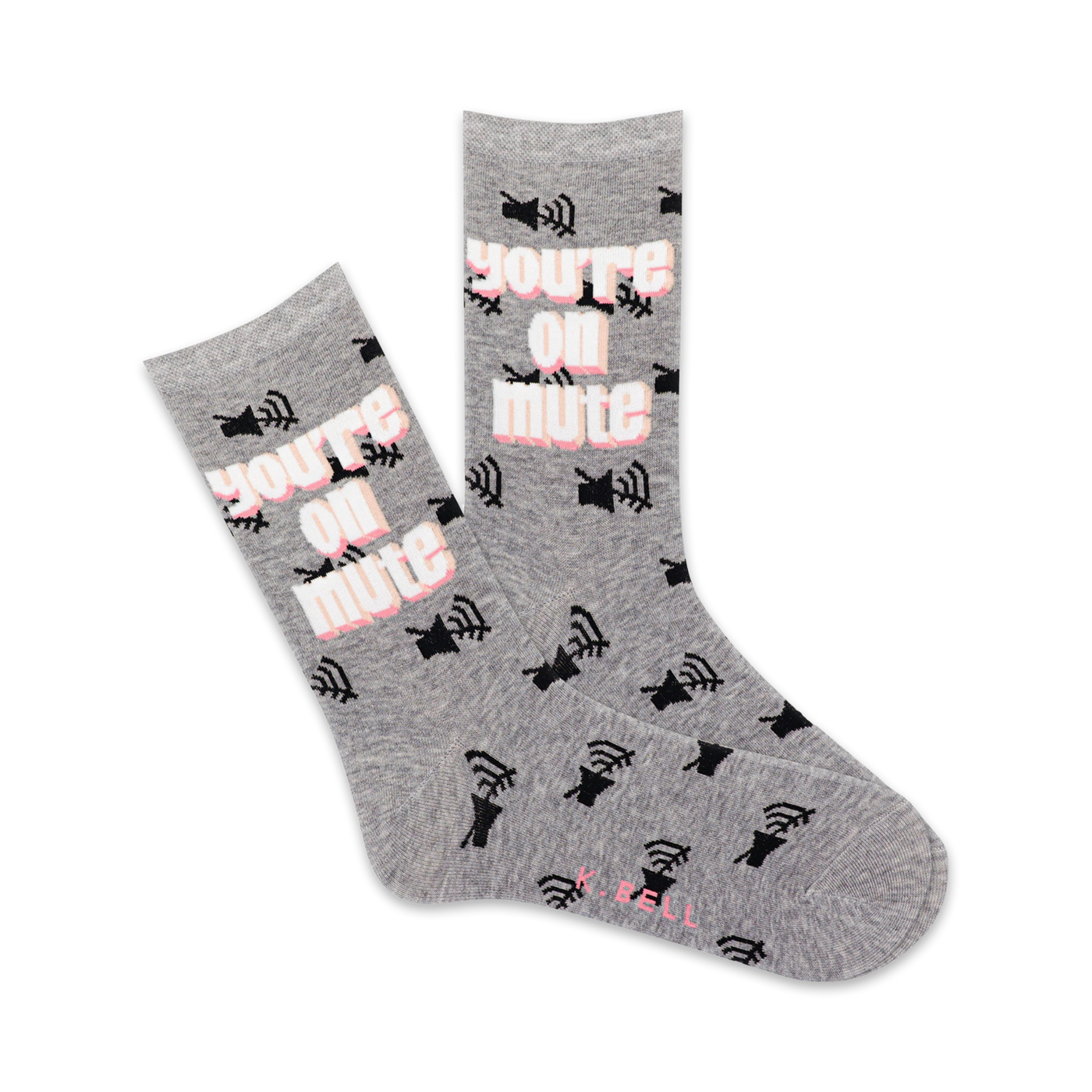A pair of grey crew socks featuring a repeated pattern of black mute icons and the phrase 'You're On Mute' in pink. 