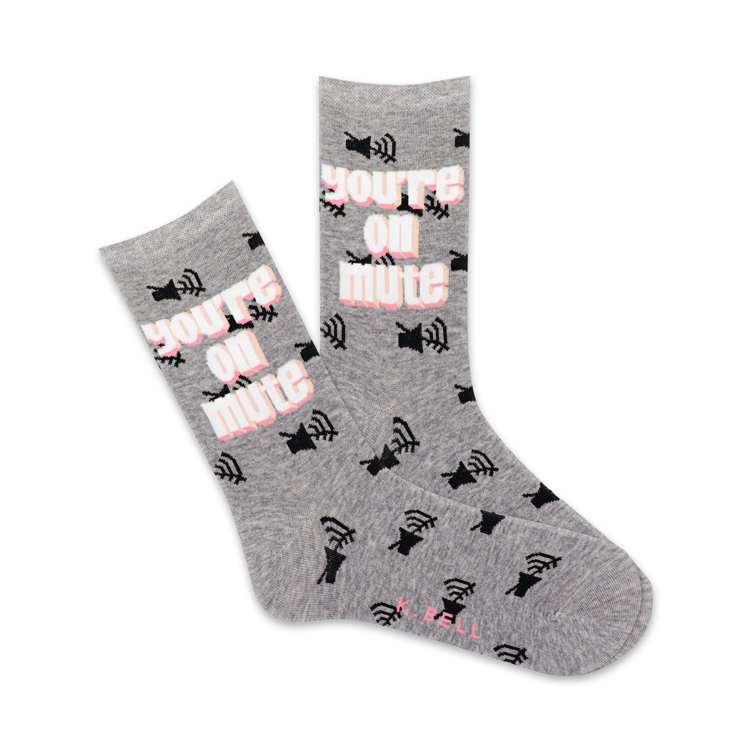 A pair of grey crew socks featuring a repeated pattern of black mute icons and the phrase 'You're On Mute' in pink. 