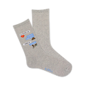 Grey crew socks with a light blue text message design featuring emojis like a broken heart and poop. The text says 'we broke up!' and 'OMG! JK!'