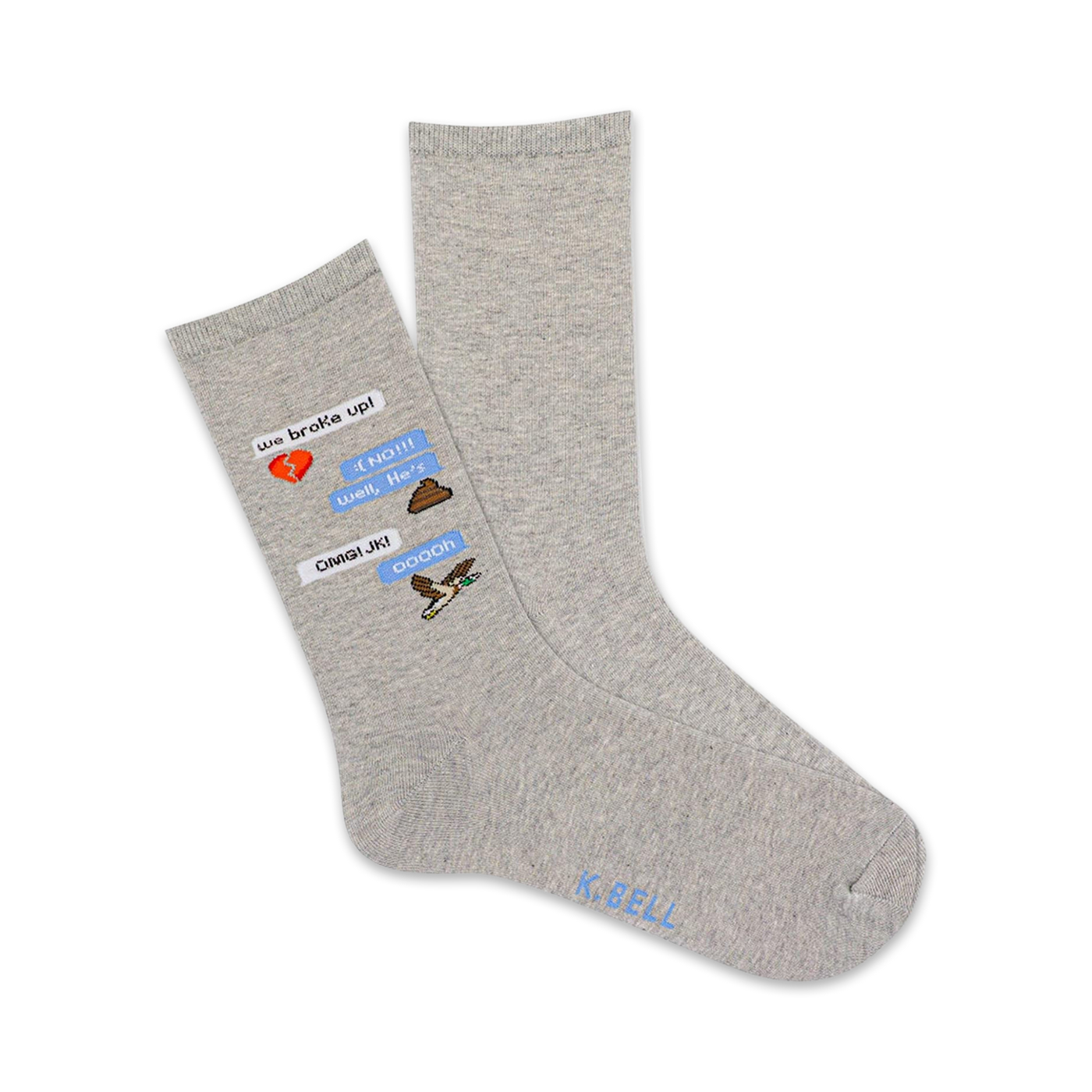Grey crew socks with a light blue text message design featuring emojis like a broken heart and poop. The text says 'we broke up!' and 'OMG! JK!'