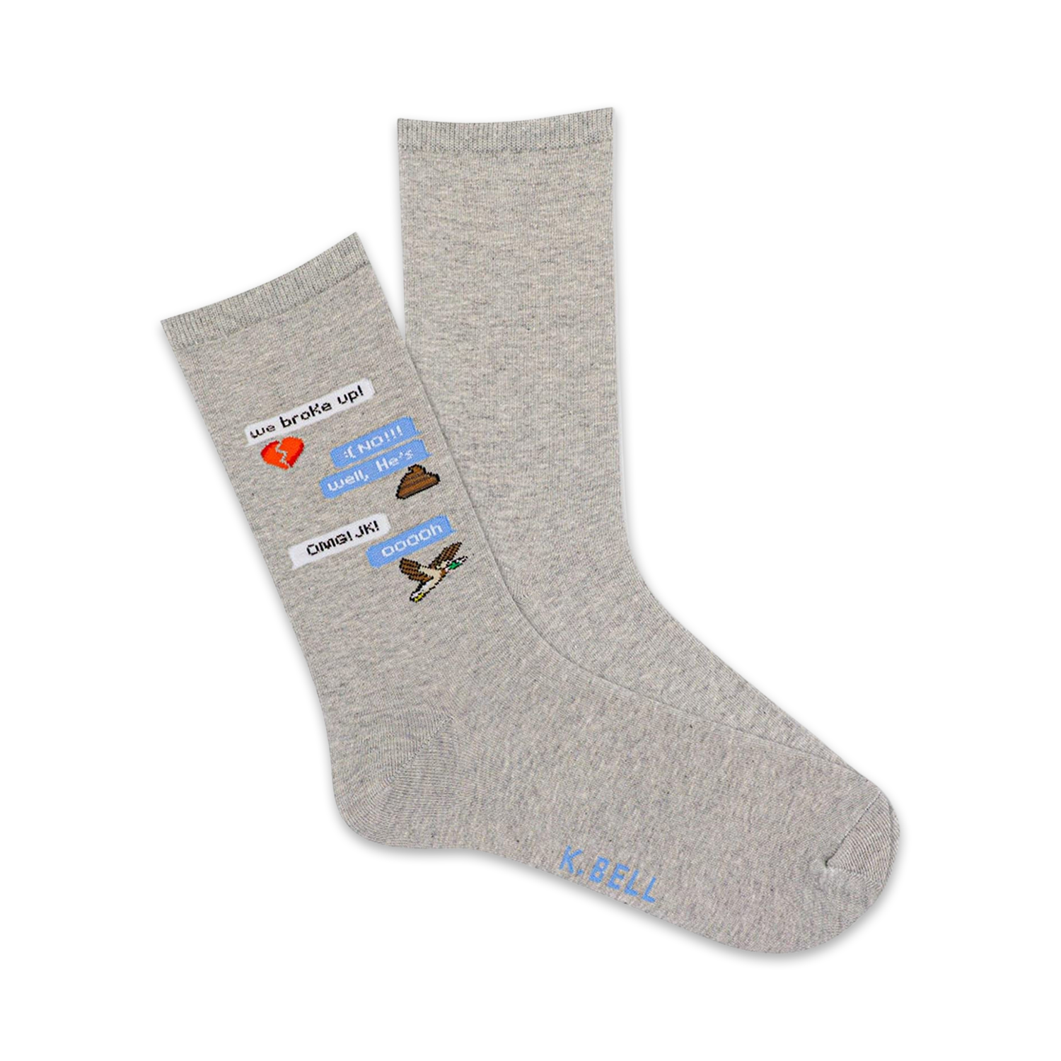 Grey crew socks with a light blue text message design featuring emojis like a broken heart and poop. The text says 'we broke up!' and 'OMG! JK!'