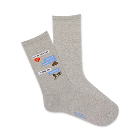gray crew socks with breakup text message pattern for women. funny socks, emoji socks   