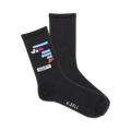 Pair of black crew socks featuring a playful text message design with emojis of a kiss, lipstick, pizza, and a speech bubble saying 'Don't leave me!'