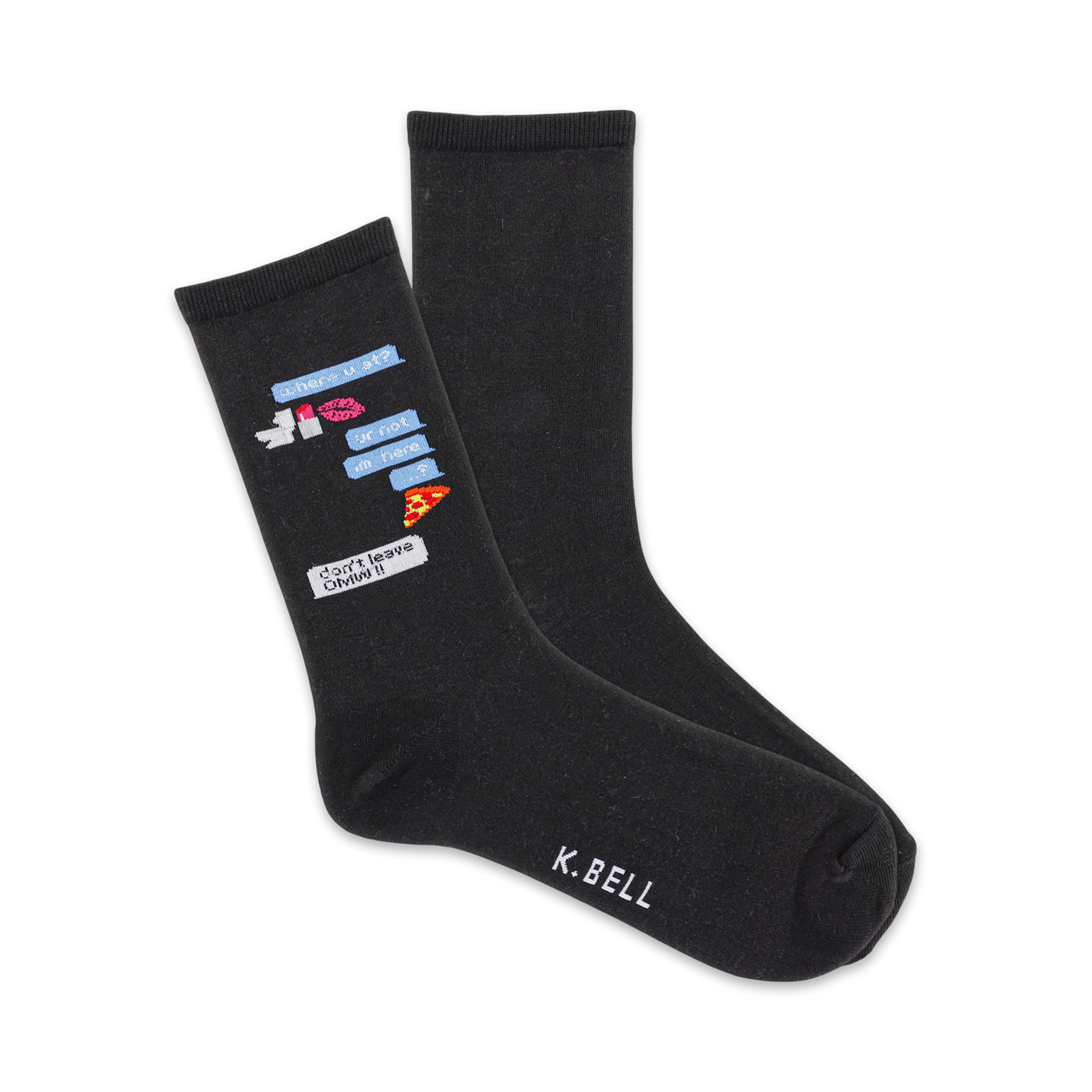 Pair of black crew socks featuring a playful text message design with emojis of a kiss, lipstick, pizza, and a speech bubble saying 'Don't leave me!'