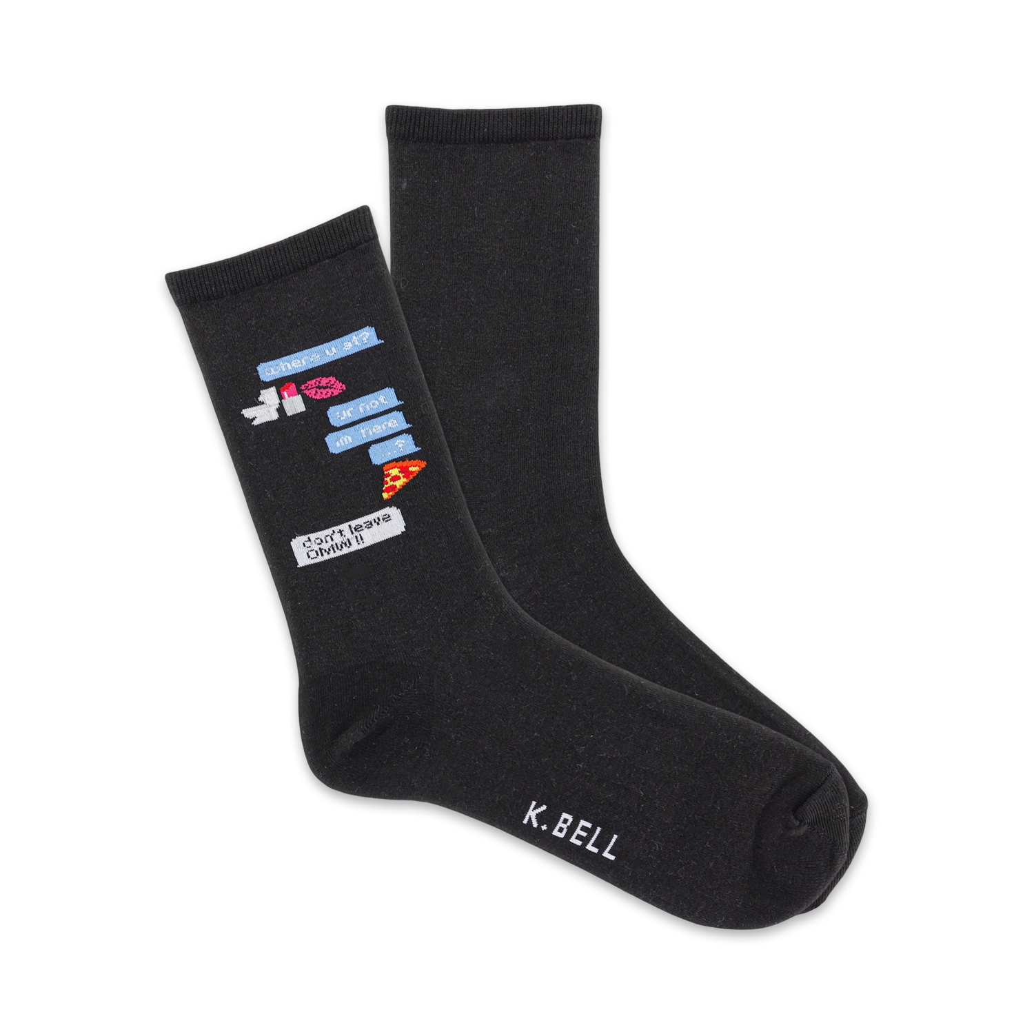 Pair of black crew socks featuring a playful text message design with emojis of a kiss, lipstick, pizza, and a speech bubble saying 'Don't leave me!'