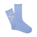 A pair of light blue crew socks with a whimsical design.  Small ghosts and speech bubbles, along with a yellow hand giving a 'read' gesture, are embroidered on one sock.